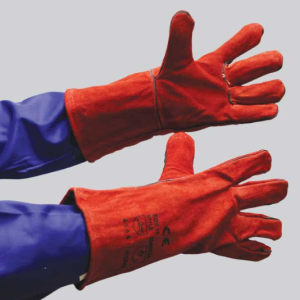 RED HEAT RESISTANT LEATHER GLOVES, Red Lined,Welted Seams,Cotton Lined - 35cm
