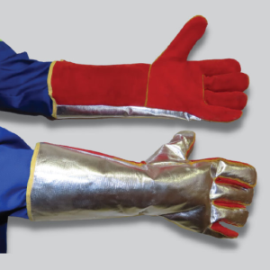 HEAT RESISTANT - SPECIALISED GLOVES, Alluminised Back / Red Leather c/w thermo barrier liner - Elbow length (Furnace-Pro)
