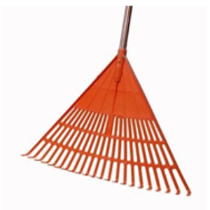 PLASTIC LEAF RAKE - 22 FINGER, VIRGIN PLASTIC, WITH SCREW-IN PLASTIC-COATED/WOODEN HANDLE.